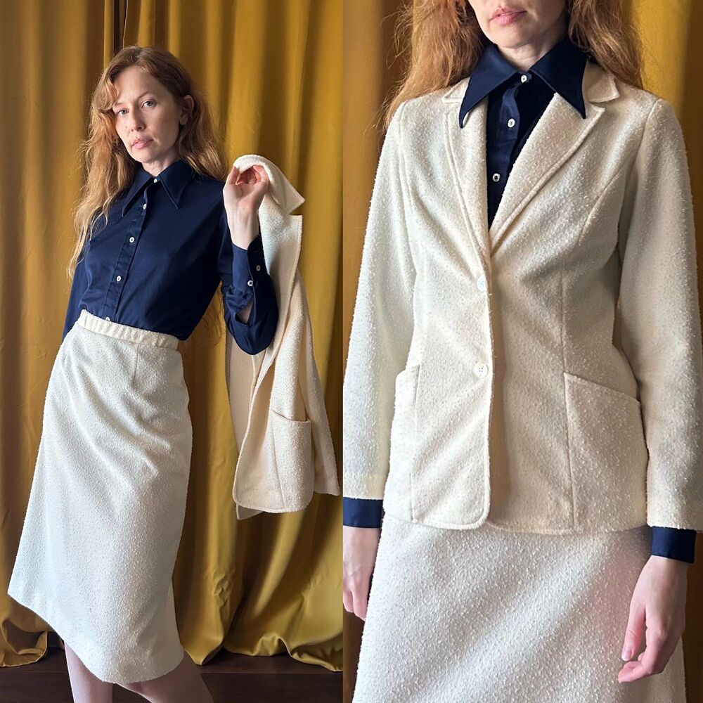 Vintage 1970s Cream Boucle Skirt Suit, Small